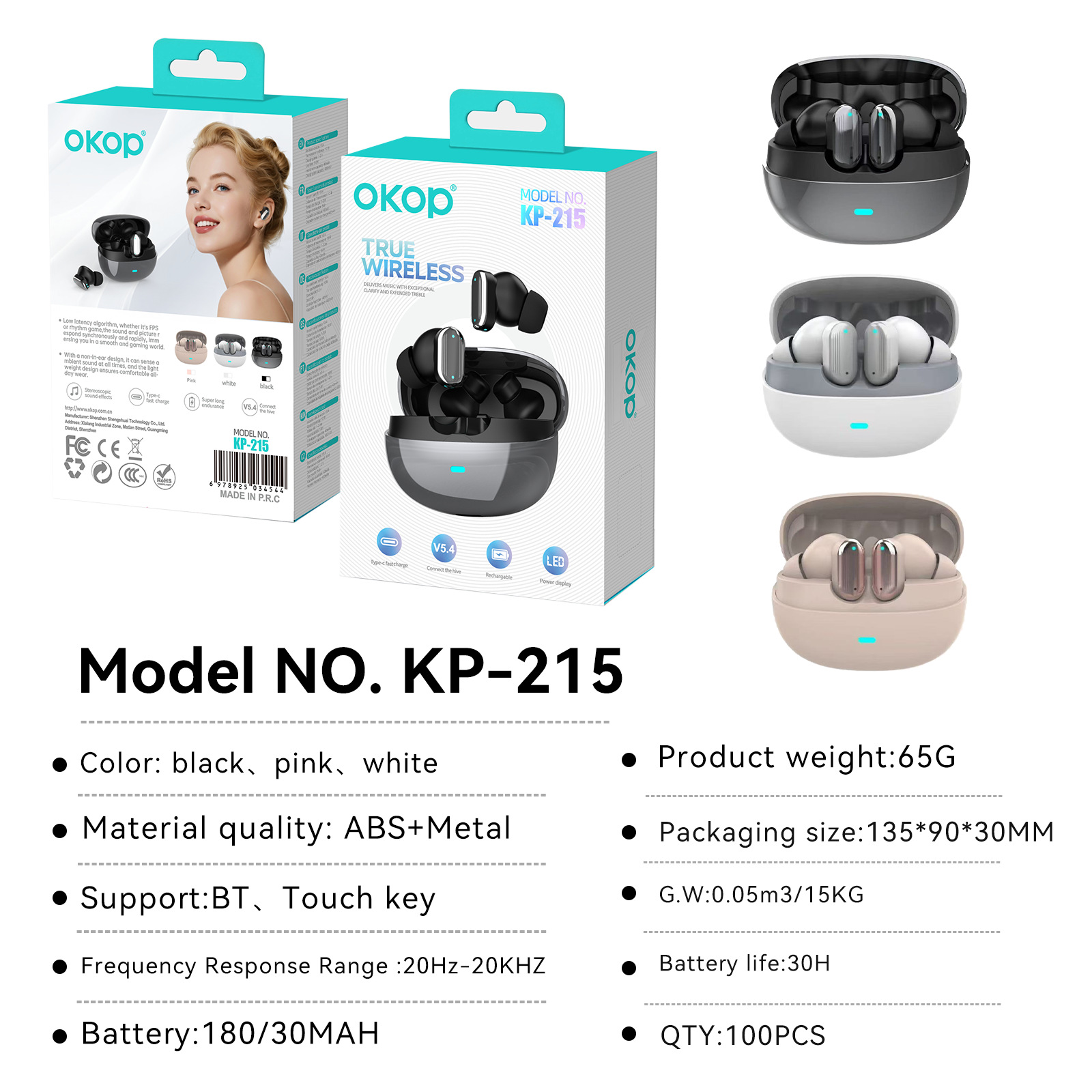 KP-215 In-Ear Bluetooth Earbuds New Model Touch Control Compact Design Low Latency High Sound Quality Long Battery Life Factory Direct 4