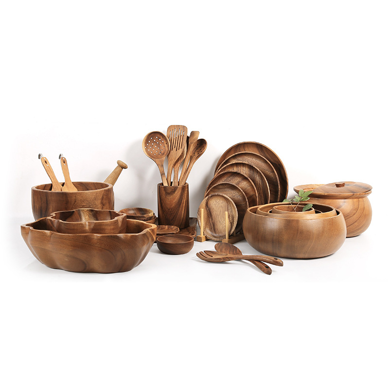Natural Acacia Wood Bowl And Plate Dinnerware Set - Image 39