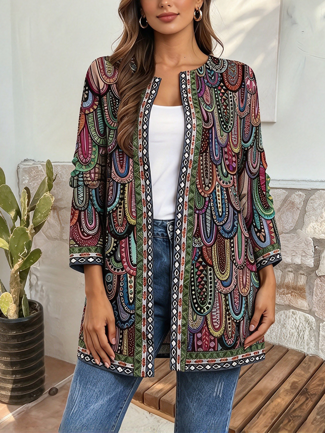 Women Knitted Open Front Coat Long Sleeve Paisley Print Loose Casual Cover Up product image
