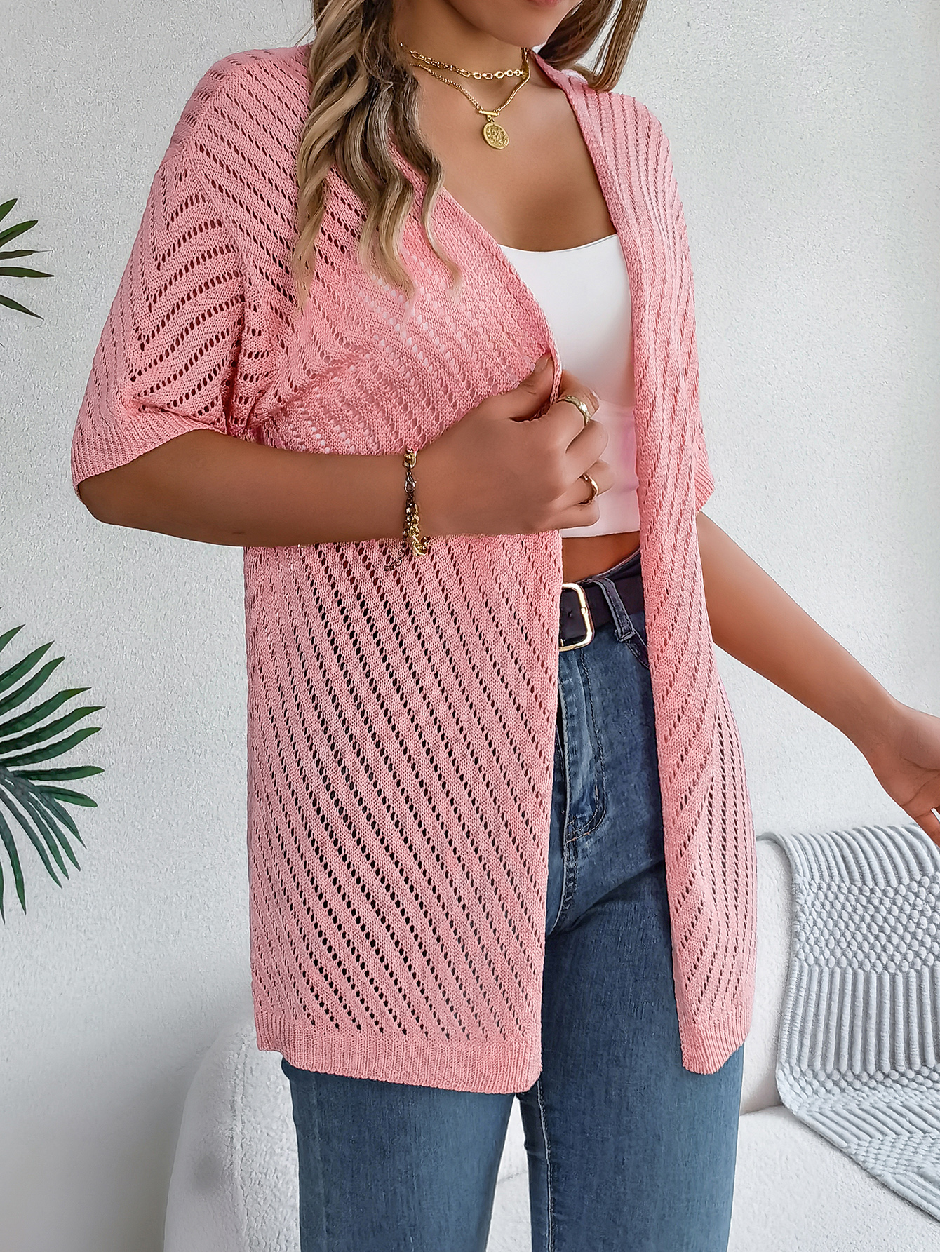 Women S Vertical Stripe Hollow Out Short Sleeve Knit Cardigan Cover-Up