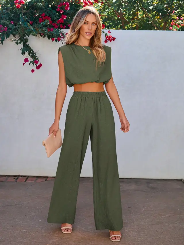 Women Solid Color Sleeveless Top And Long Pants 2 Piece Set For Vacation Green - Shop at LoveMi