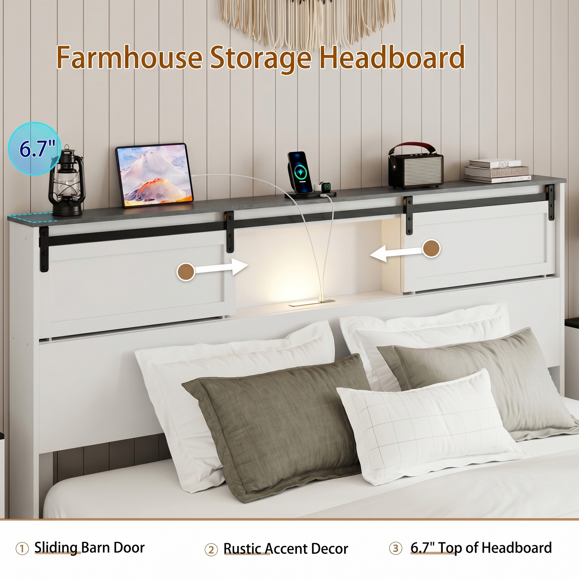 King Metal Bed Frame With Charging Station, No Box Spring, White — foto 6