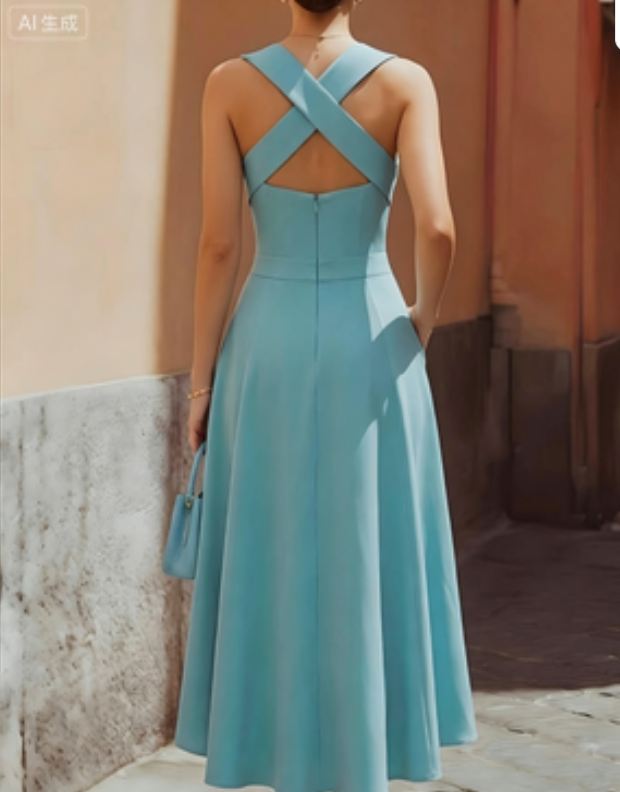 Lake Blue Cross Hanging Neck And Waist A-line Medium Length Dress