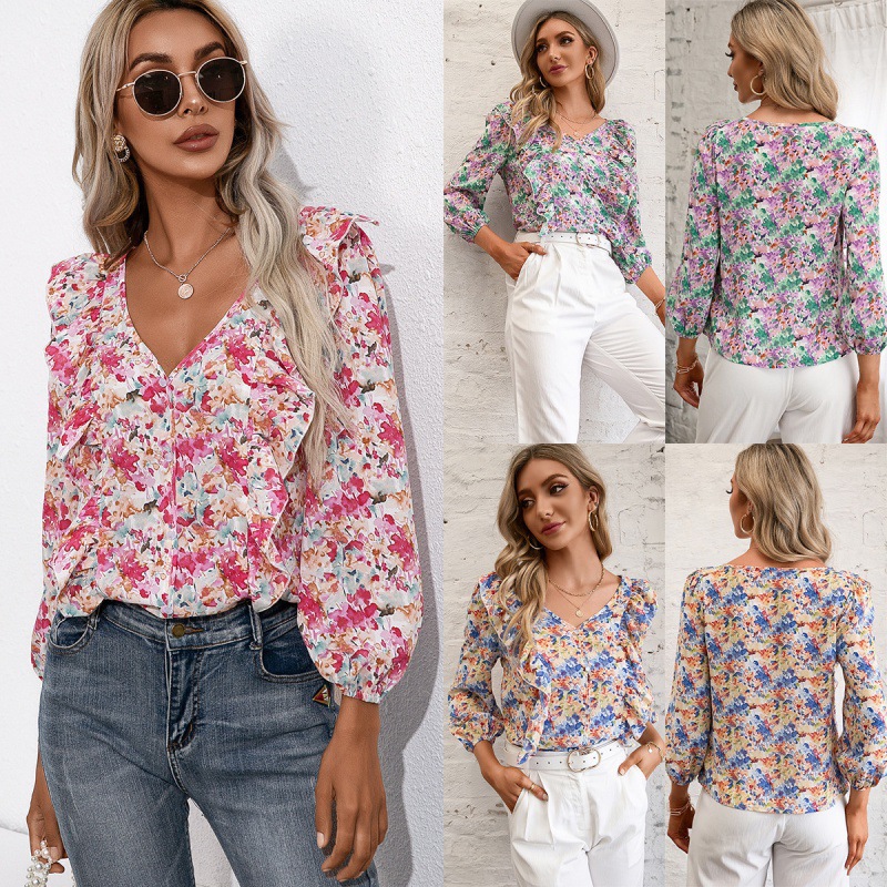 Temperament Commuting Small Floral Long-sleeved V-neck Shirt