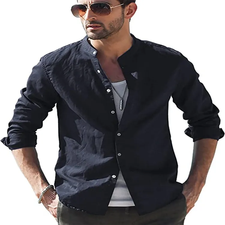 Men's Solid Color Retro Casual Loose Top - Navy