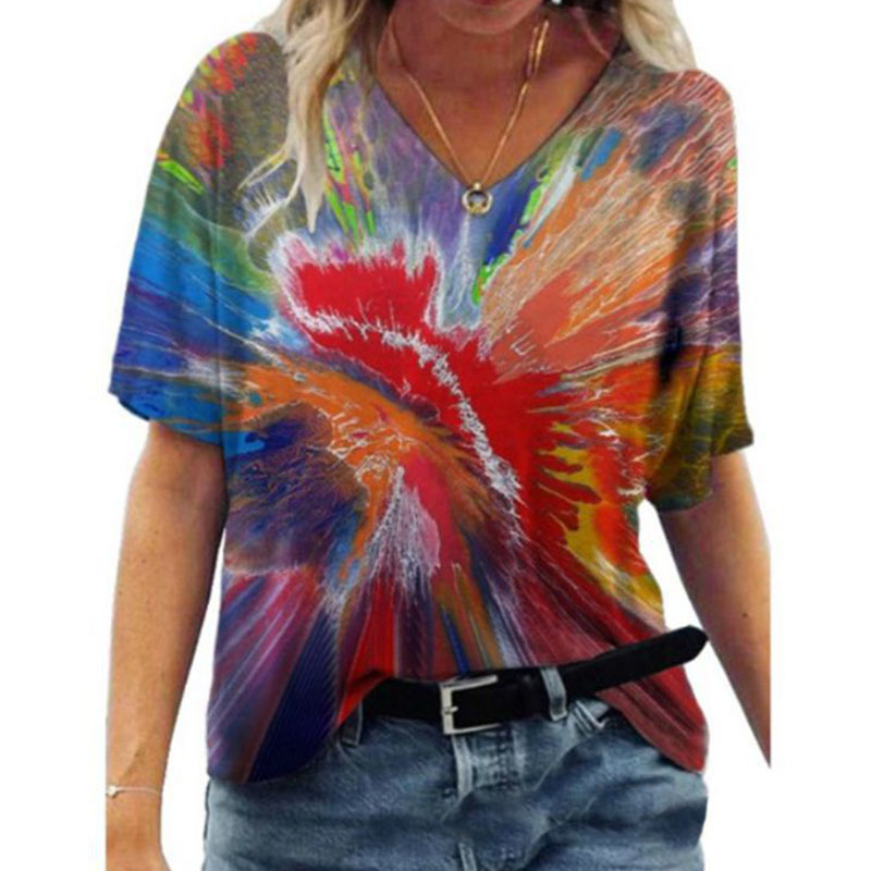 Oversized Loose V-neck Printed Short-sleeved T-shirt