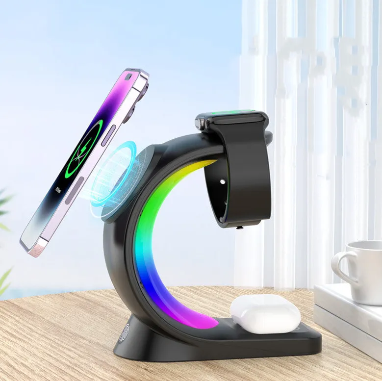 4 In 1 Magnetic Wireless Charger Fast Charging For Smart Phone Atmosphere Light Charging Station For Airpods Pro I-phone Watch – image 3