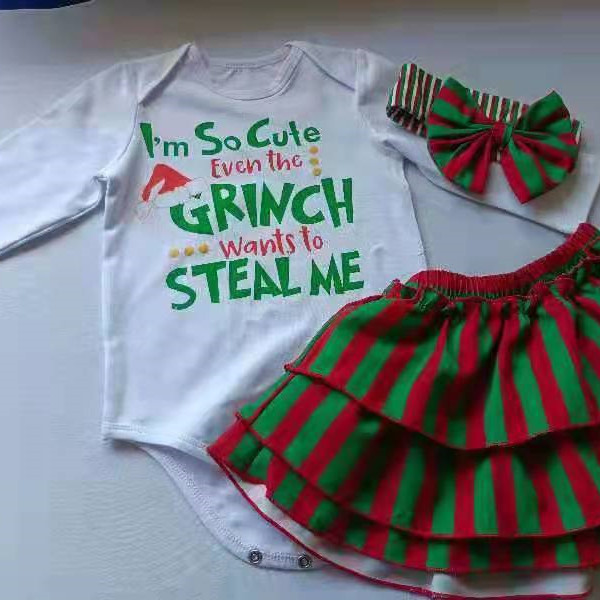 White With Printed Pattern Romper Red And Green Stripe Skirt Suit