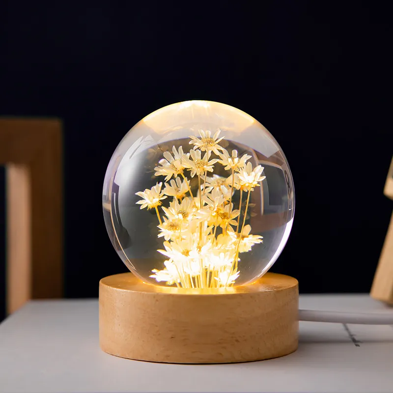 Luminous 3D Dandelion Crystal Ball Beech Wood Stand Base Preserved Flower Sphere Ball Desktop Ornaments Bithday Christmas Gifts – image 4