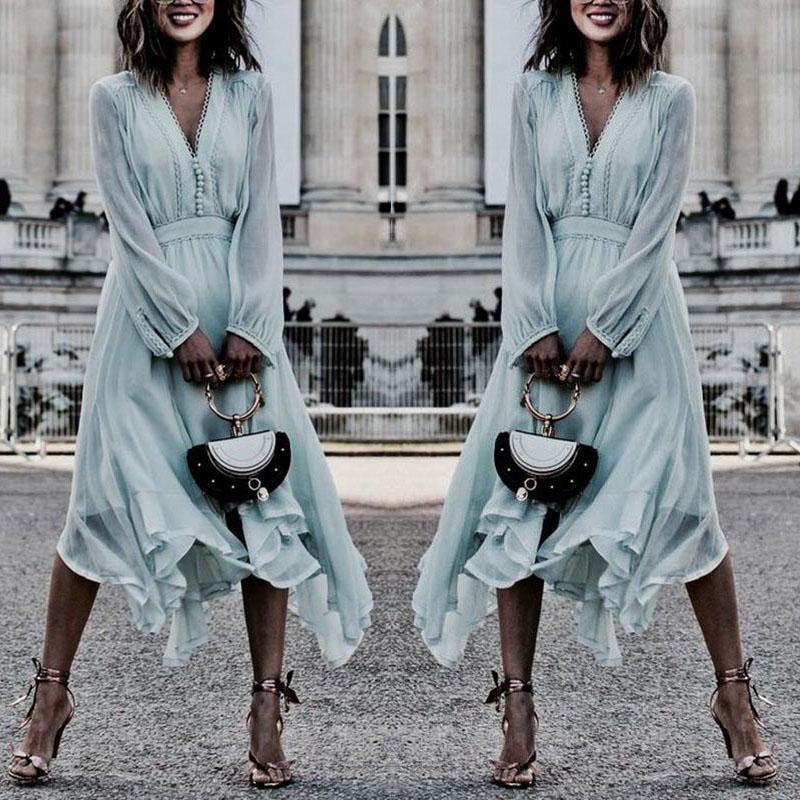 Fashion V-neck Temperament Long-sleeved Fairy Dress