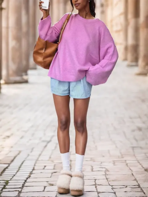 Spring and Autumn Winter New Romantic Pink Round Neck