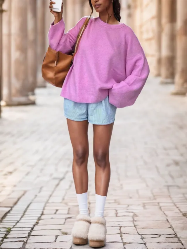 Spring And Autumn Winter New Romantic Pink Round Neck Long Sleeve Knitted Women's Sweater Pink - Shop at LoveMi