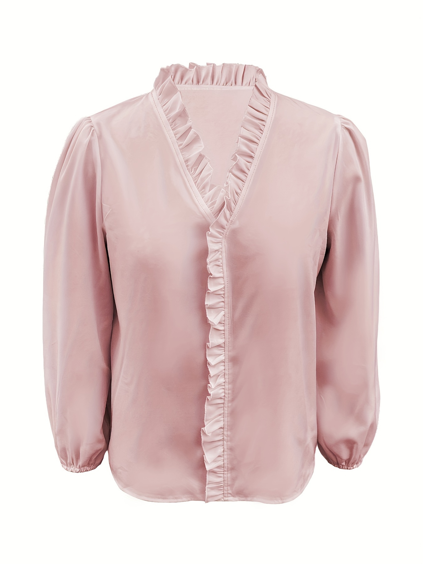 Pure Color Ruffle Hemline Shirt, Casual V-neck Long Sleeve Shirt.