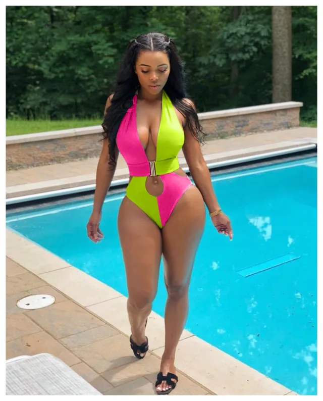 Fashion Patchwork Solid Color One Piece Swimsuit Rose - Shop at LoveMi