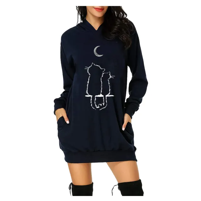Spring And Autumn Sweater Printing Hooded Pocket Loose Jacket Women Sky Blue - Shop at LoveMi