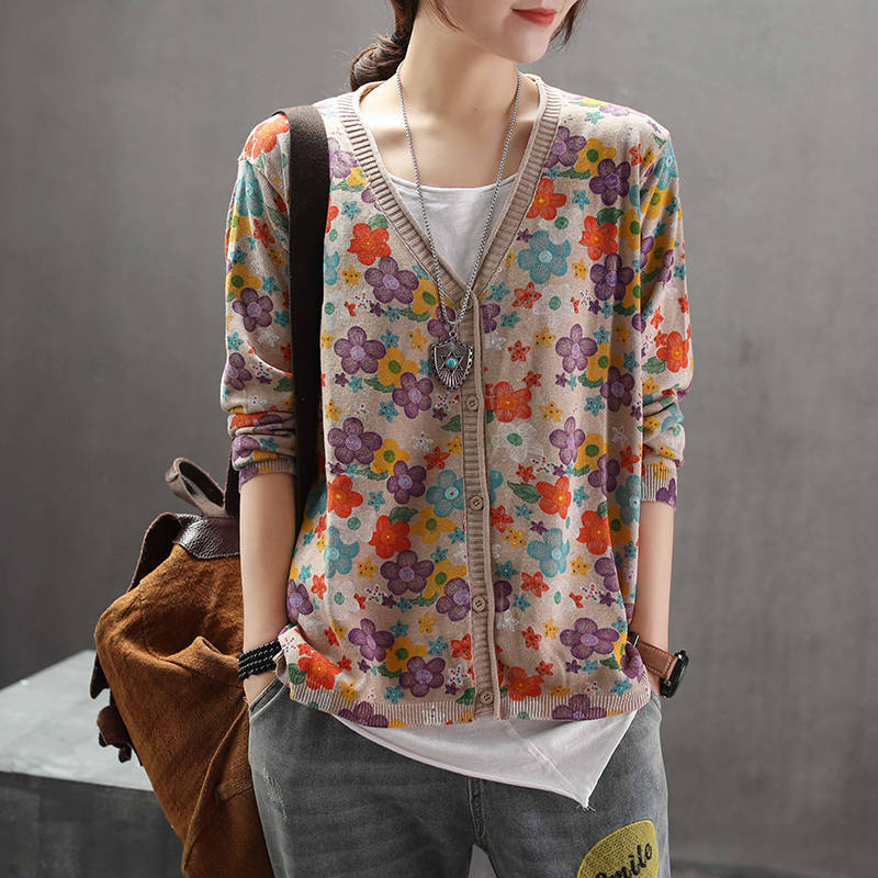 Women's Retro Art Floral Print Knitted Cardigan Sweater Coat Floral - Shop at LoveMi
