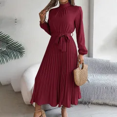 Elegant High Neck Long Sleeve Pleated Maxi Dress - Solid Colour Flowy Dress For Women, Casual To Formal Wear - Wine Red - View 1