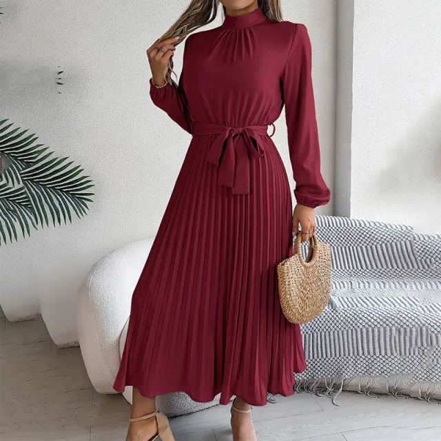 Elegant High Neck Long Sleeve Pleated Maxi Dress Solid Color Flowy Dress For Women, Casual To Formal Wear Wine Red - Shop at LoveMi