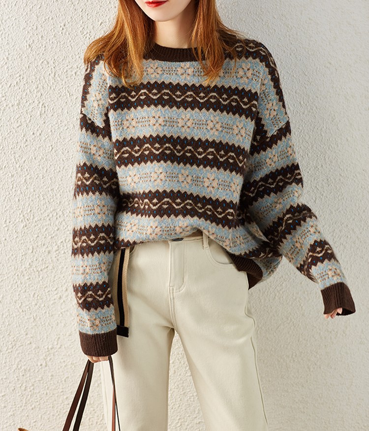 Cashmere Sweater Loose Thick Round Neck Long Sleeve Knitted Sweater