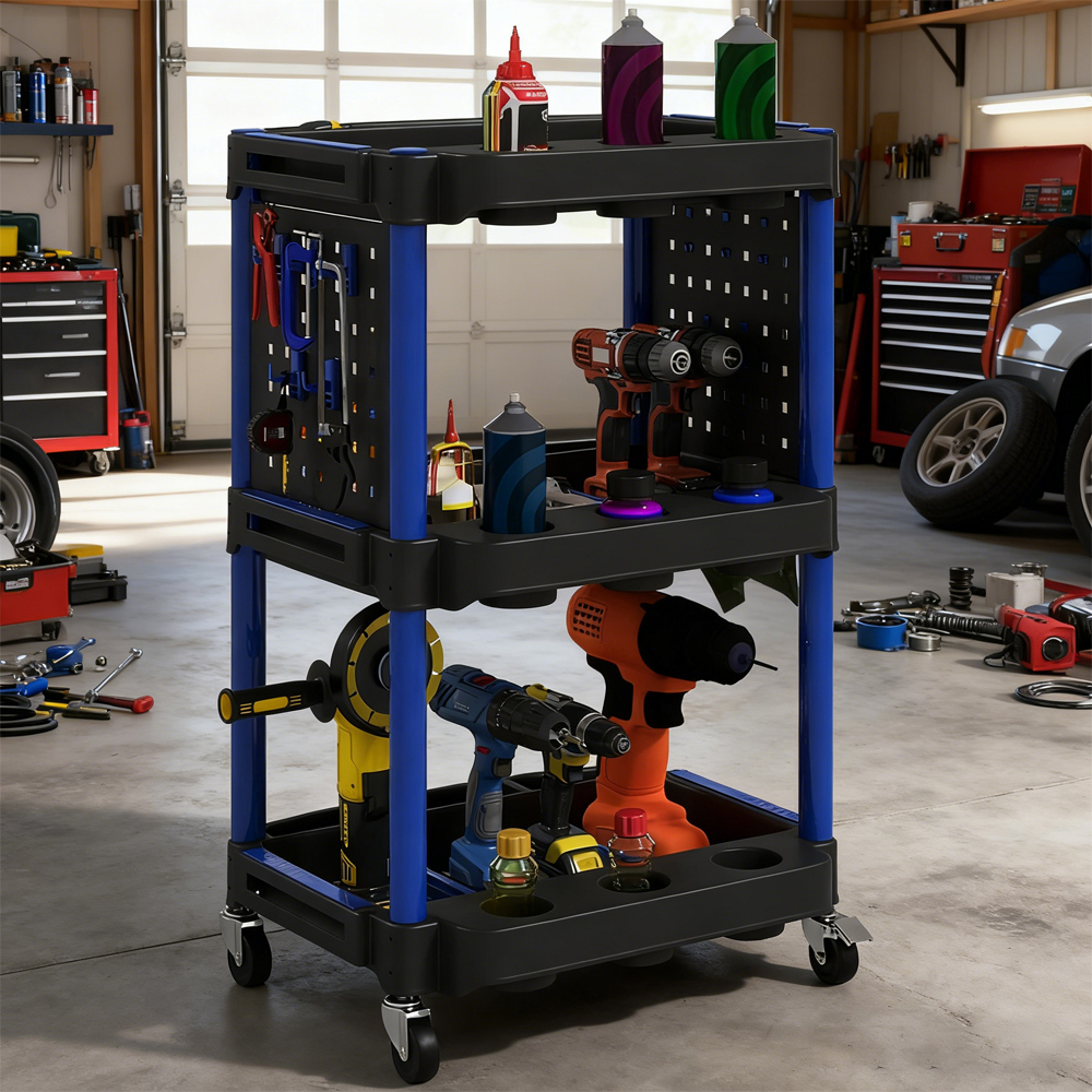 3-Tier Rolling Tool Cart, 200 LBS Capacity Plastic Utility Cart With Side Shelves For Garage, Workshop, Tikt0k Sale Prohibited