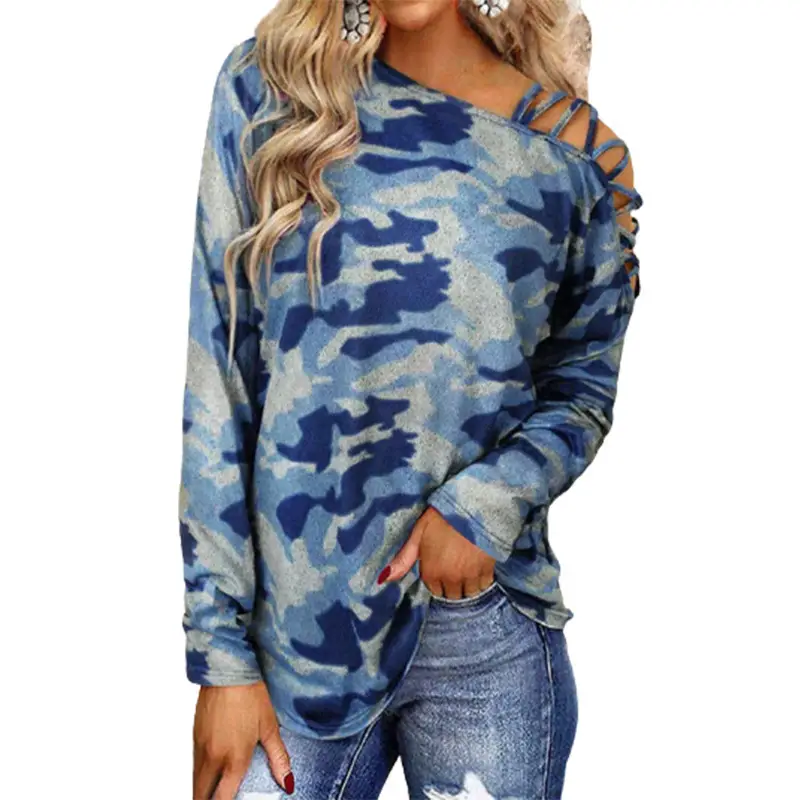Camouflage Printed Shoulder Straps Cross-neck Long-sleeved T-shirt Women
