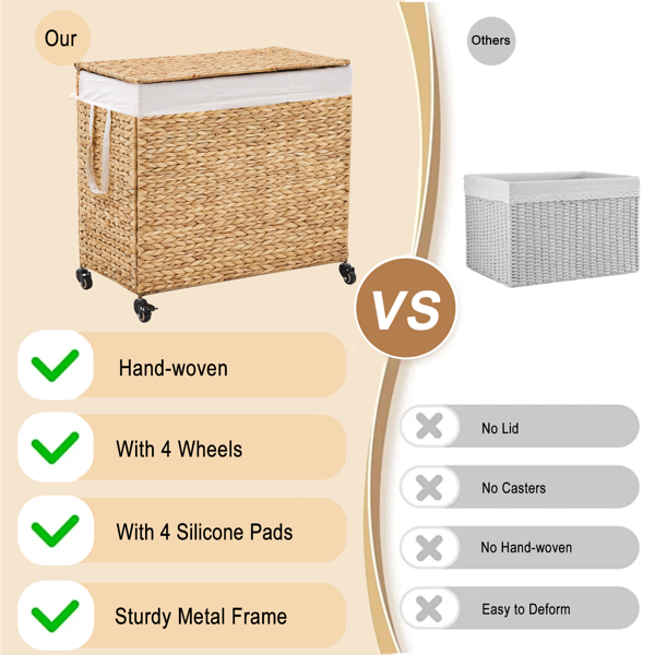 160L 3-Section Laundry Hamper With Lid And Wheels, Woven Natural Water Hyacinth Rolling Laundry Hamper — foto 6
