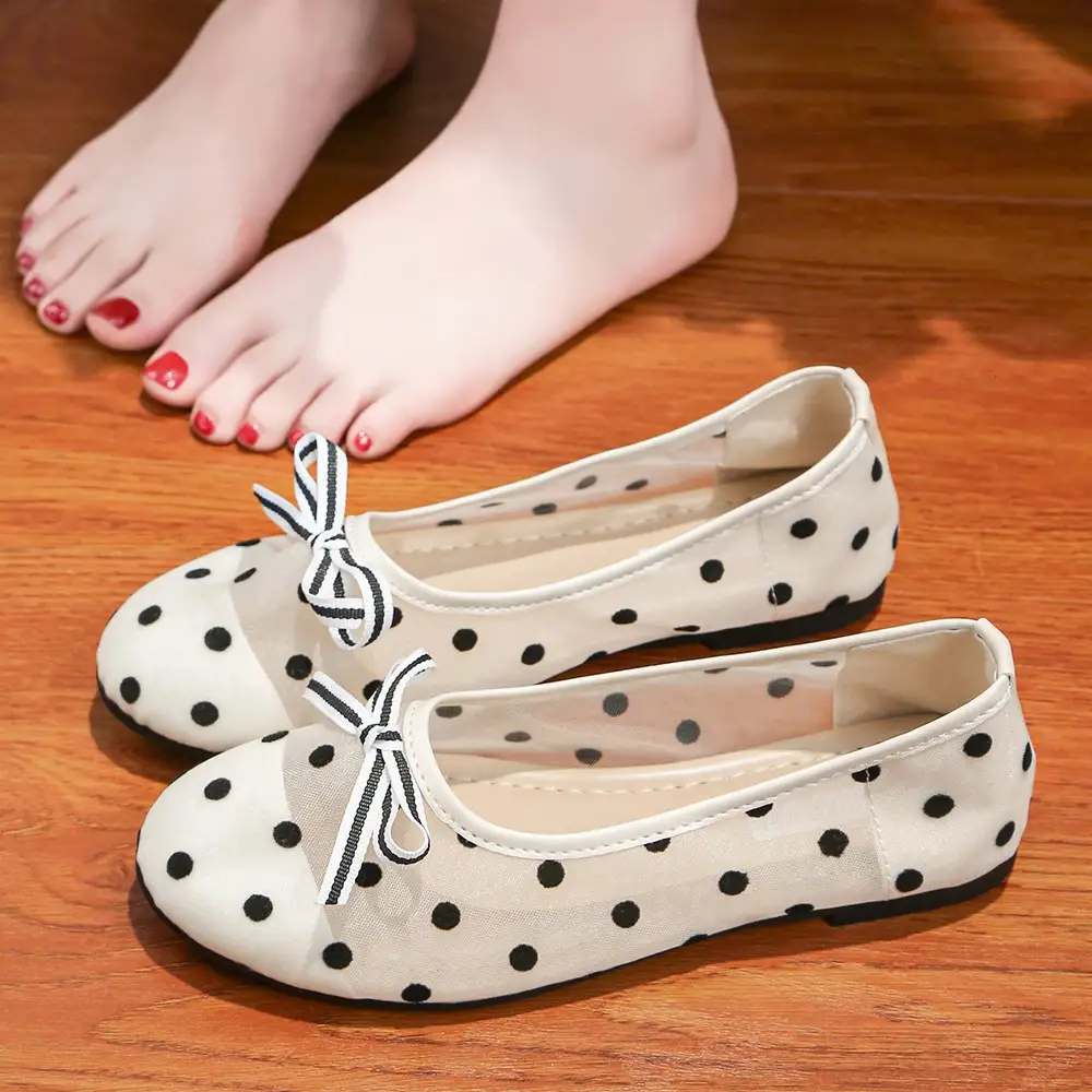 Women Sweet Polka Dot Mesh Ballet Flats, Round Toe Breathable Sheer Mesh Striped Ribbon Bow Slip On Lightweight Flat Sole Casual Daily Walking Shoes