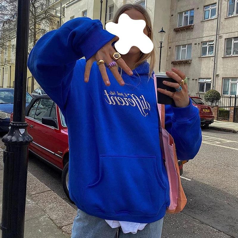 Women's New Embroidery English Klein Blue Hooded Sweater