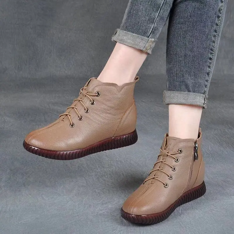 Low-cut Short Soft-soled Casual Bootsretro Mother Leather Boots - Camel