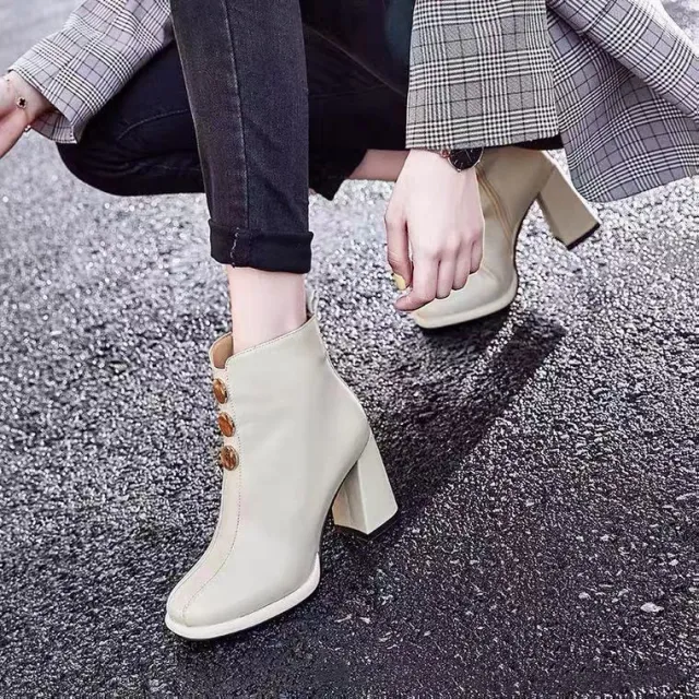 Fashion Platform Martin Chunky Heel Ankle Boots Beige - Shop at LoveMi