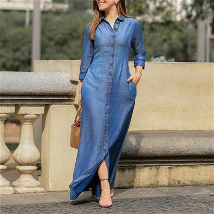 Shirt Collar Denim Button Maxi Dress Blue - Shop at LoveMi