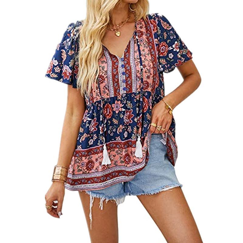 Title 5, V Neck Short Sleeve Shirt Loose Drawstring Top ...