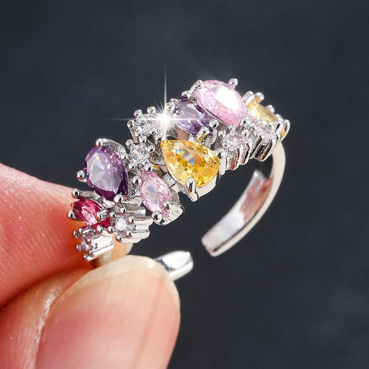 Hot Selling Colorful Flower Adjustable Ring, Exquisite Zircon Inlaid Luxury Ring, Stylish & Versatile Jewelry For Gifting