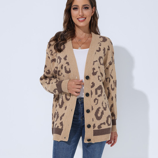 Loose Cardigan Sleeve Leopard Knit Sweater