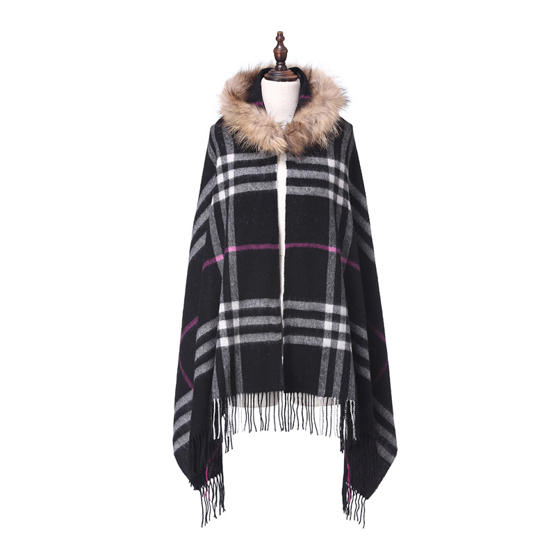 Women's Shawl Raccoon Fur Collar Wool Plaid Scarf