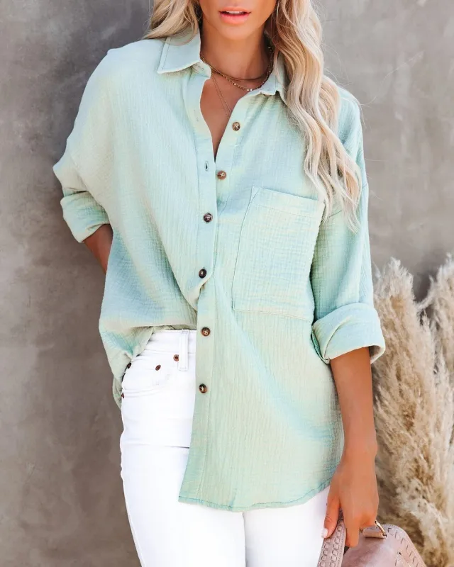 V Neck Button Ladies Cotton Linen Shirt Mint Green - Shop at LoveMi
