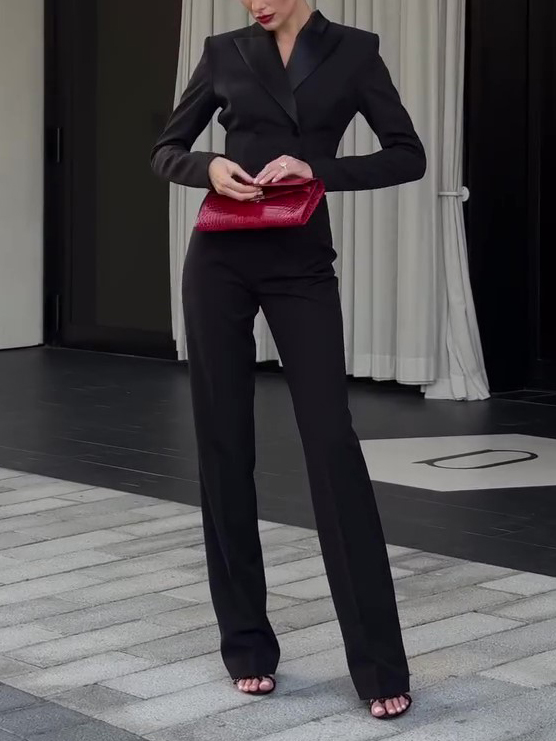 Black Backless Beaded Cropped Blazer & High Waist Pants Set