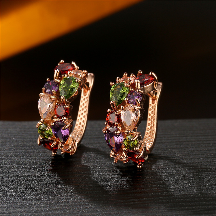 Summer Colorful Teardrop Cubic Zirconia Huggie Earrings, INS Exquisite Versatile Elegant High-End Temperament Fashion Women Ear Buckle Jewelry