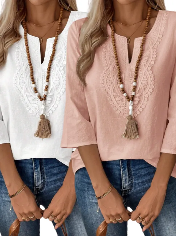 Women's Solid Color V Neck Long Sleeve Simple Casual Blouse Set1 - Shop at LoveMi