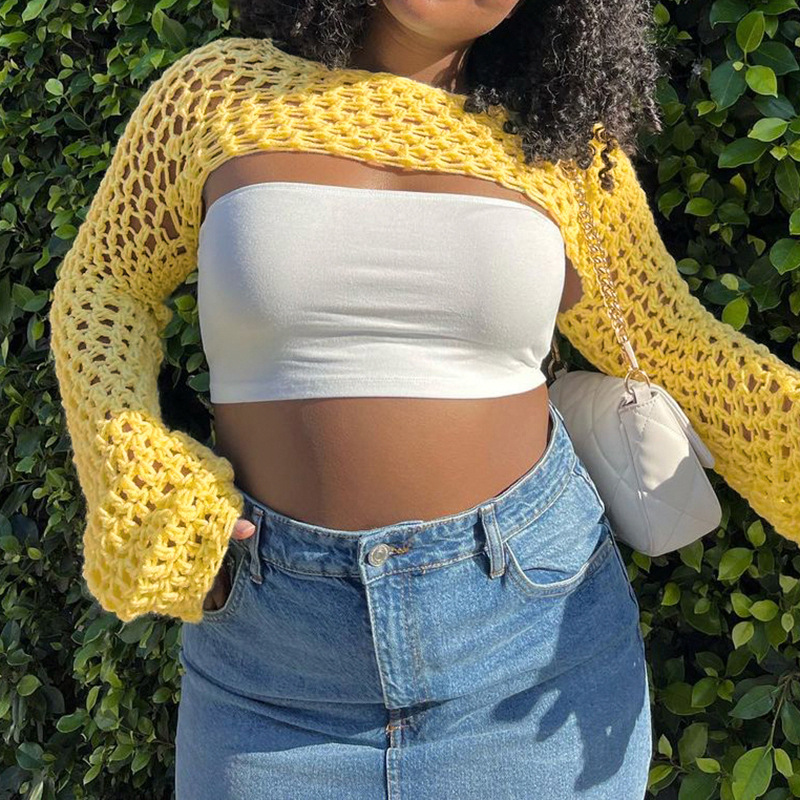 SweaterWool Knitted Cutout Chain Link Super Short Blouse Cream Yellow