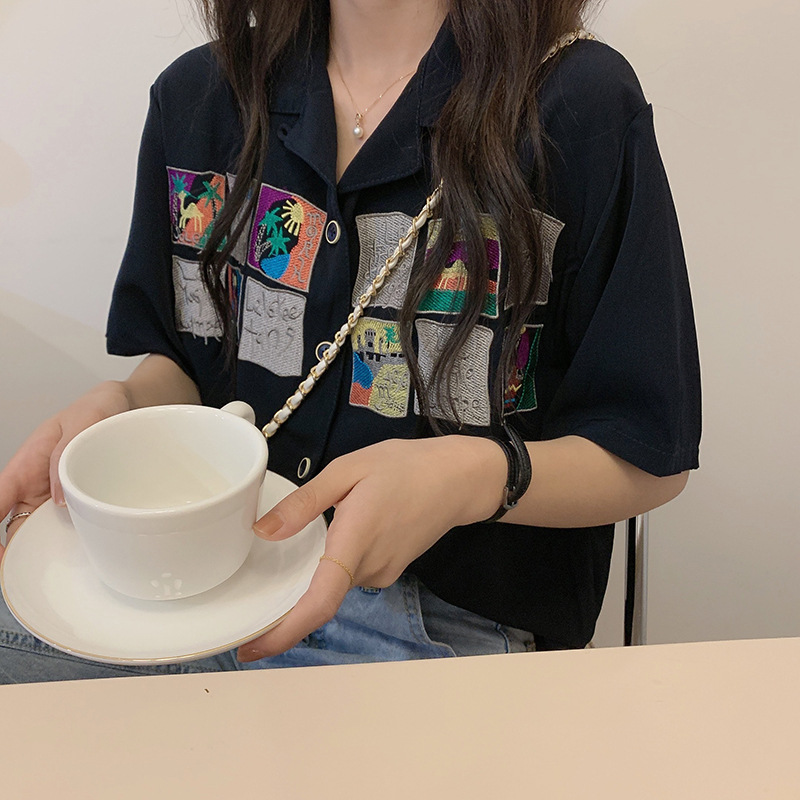 Black Chiffon Shirt Women Short-sleeved Summer Dress New Chic Top Design Niche Korean Loose Shirt