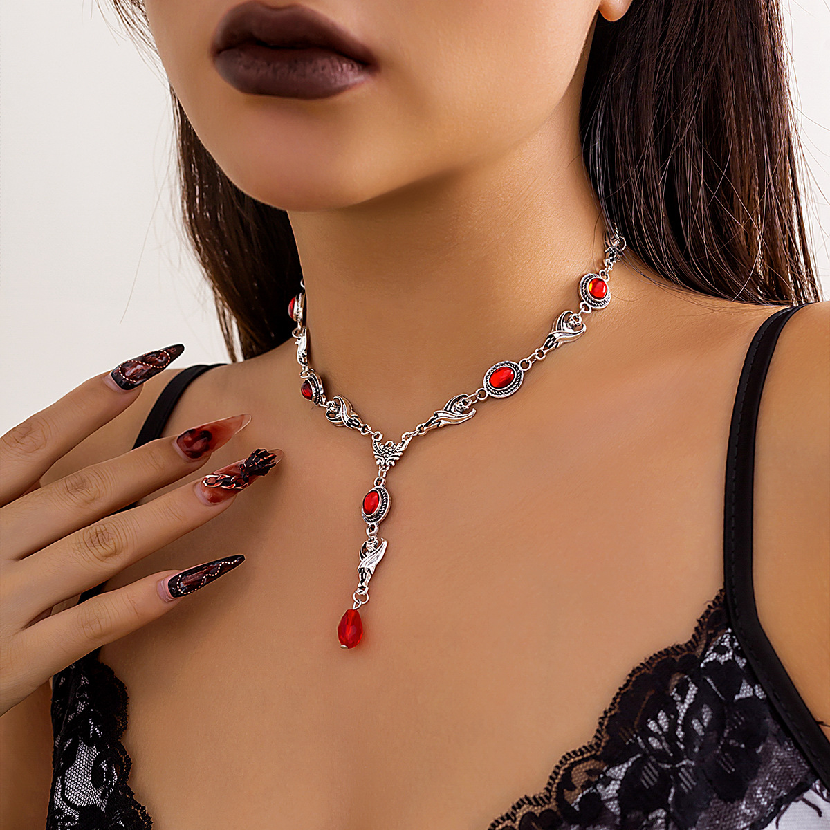 Title 6, Halloween Bloody Ruby Dark Bat Portrait Necklace