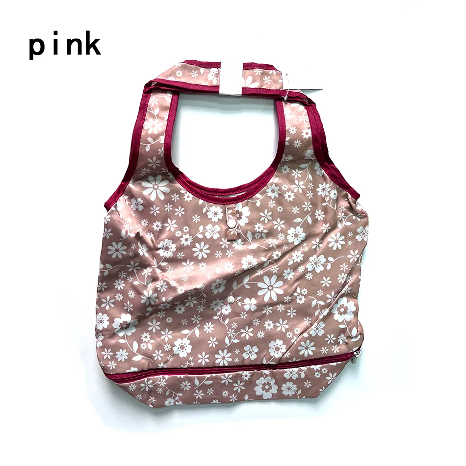 Reusable Shopping Bag Retractable Zipper Foldable Storage Tote Bag Eco-Friendly - Pink