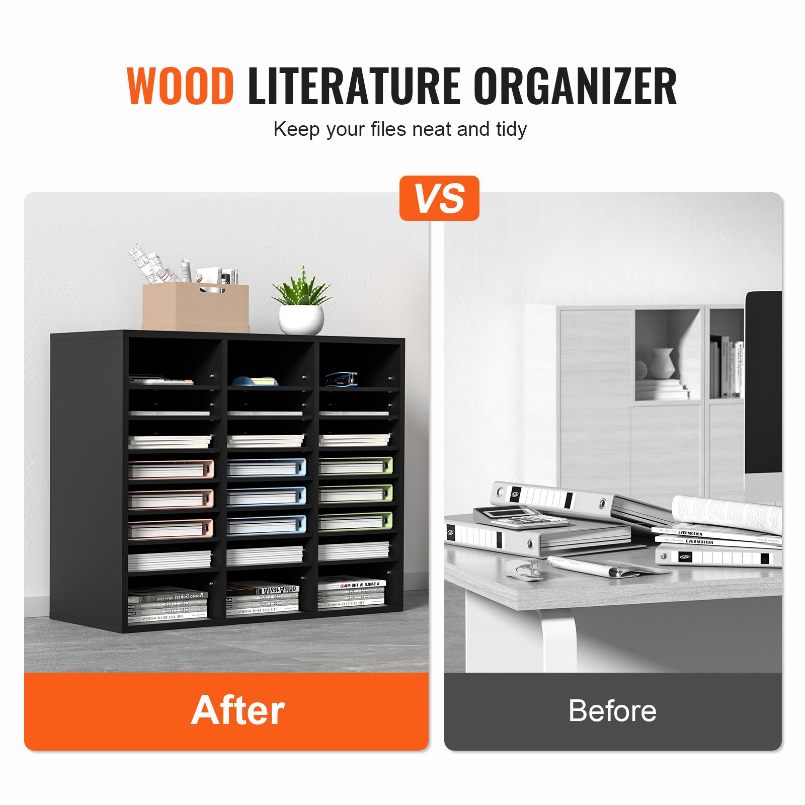 VEVOR Wood Literature Organizer, 24 Compartments, File Sorter With Removable Shelves, Mailboxes Slot For Office Home Classroom Mailrooms Organization, EPA Certified, Black