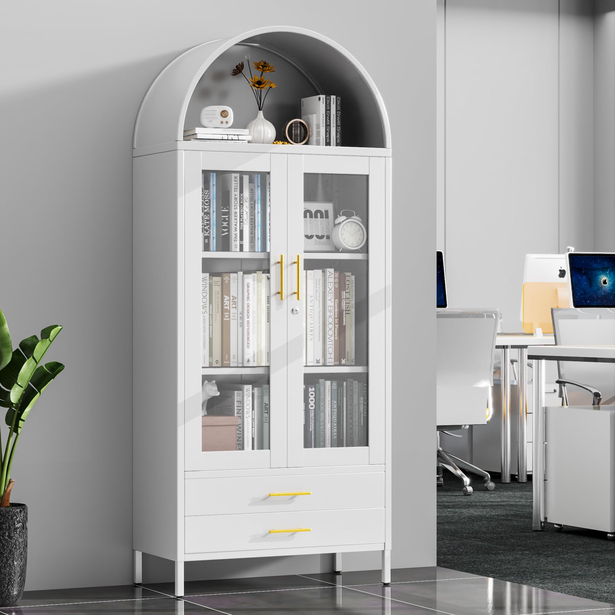 73'' Tall Metal Arched Display Cabinet With Glass Doors, Freestanding Arch Kitchen Pantry Cabinet With 2 Drawers For Home Office Bookcase White