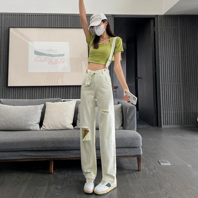 Women's High waisted Wide legged Ripped Backstrap Jeans White Hole - Shop at LoveMi