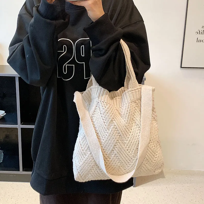 Japanese And Korean Literary Wool Knitted Bags For Women - White