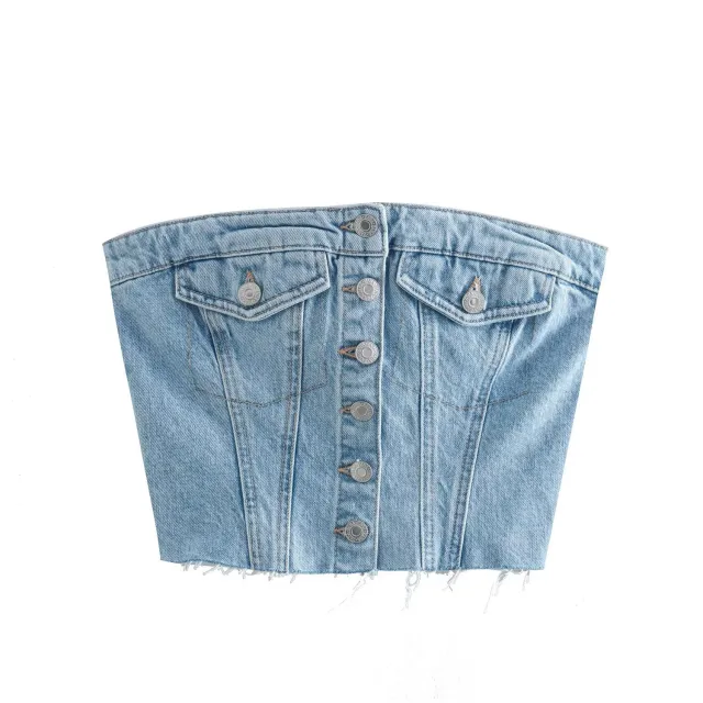 Denim Wrap Top With Ins Strapless Pockets Denim Blue - Shop at LoveMi