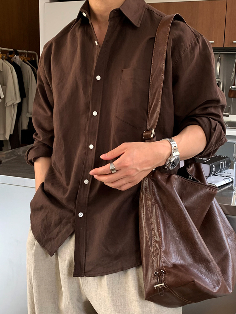 Men's Solid Color Cotton And Linen Long-sleeved Shirt