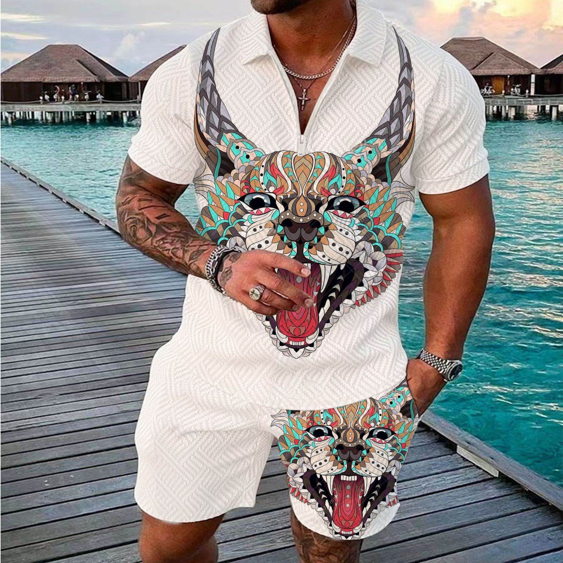 Men Zipper Detail Polo Short Set